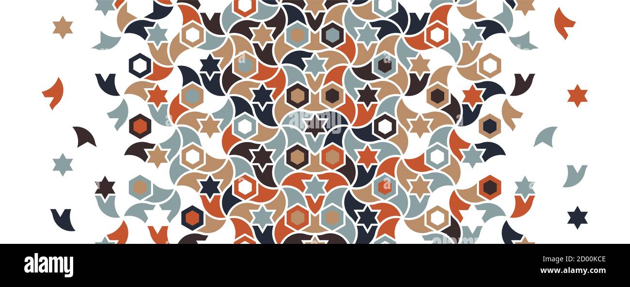 Arabic border, islamic pattern. Geometric halftone texture with mixed color tile disintegration. Stock Vector
