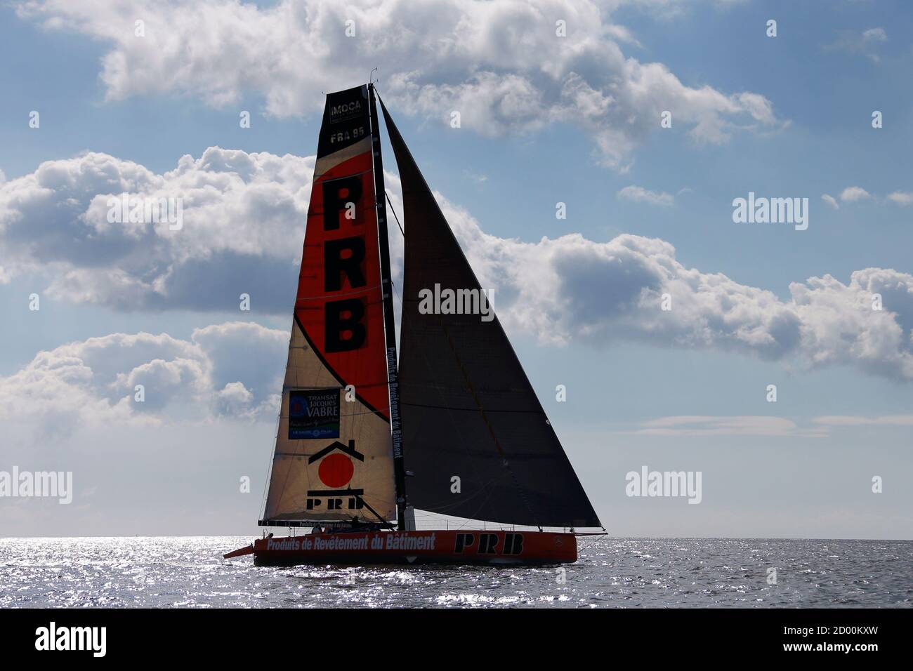 French skippers Vincent Riou and Jean Le Cam sail on their "PRB" monohull  IMOCA class during a training session for the double-handed Transat Jacques  Vabre race off the coast of La Foret-Fouesnant,