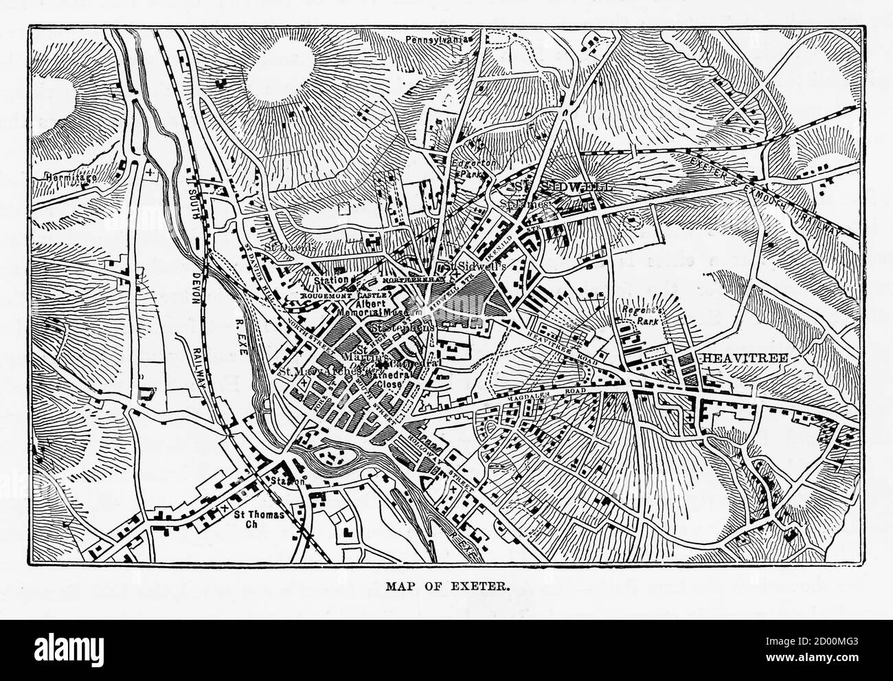 Map of Exeter in Devon, England Victorian Engraving, 1840 Stock Photo