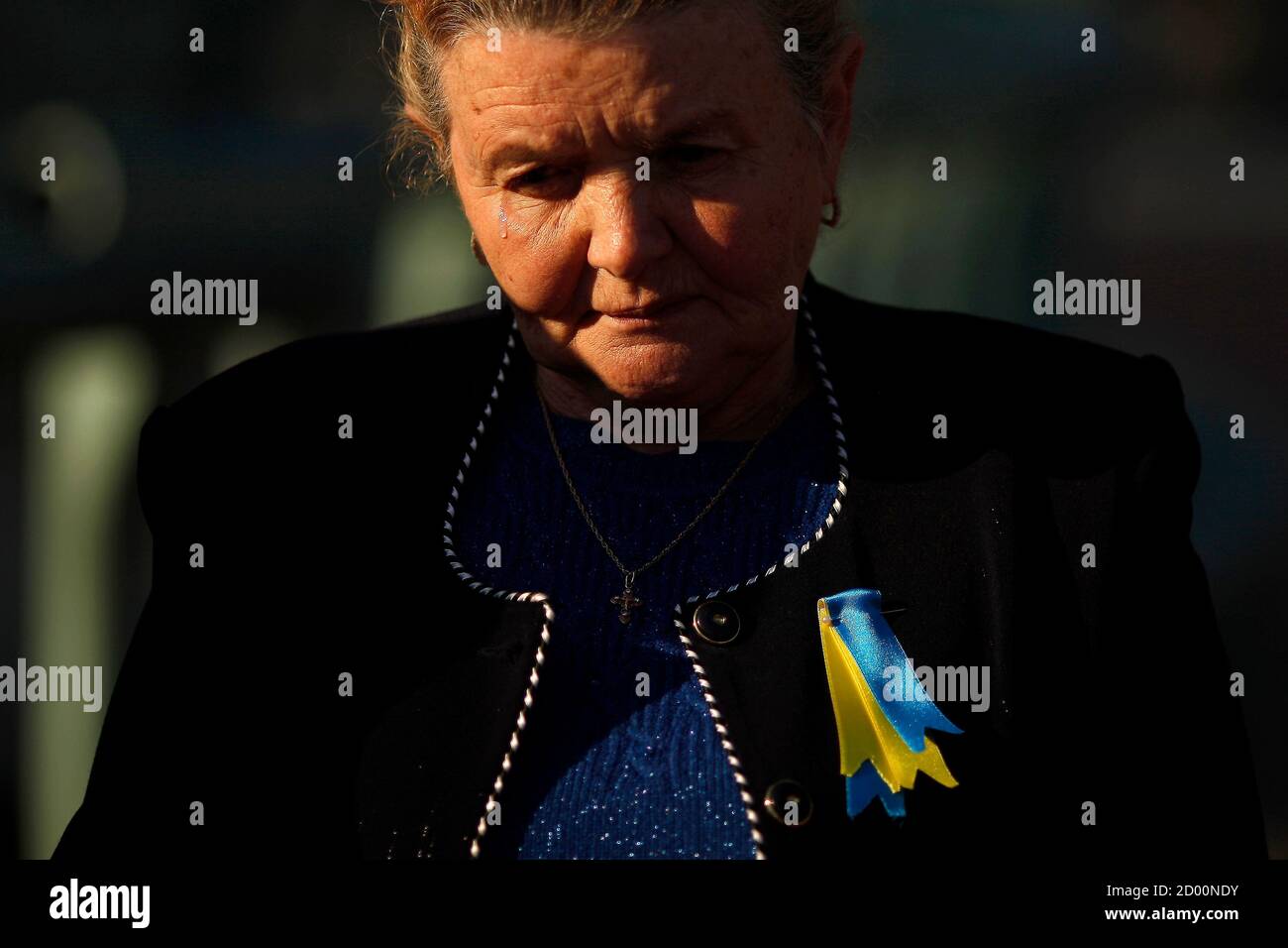 A Ukrainian woman living in Malaga cries during a protest against Russian President Vladimir Putin and in favor of unity and democratic freedom in Ukraine, in downtown Malaga, southern Spain, March 16, 2014. France on Sunday demanded Russia immediately take measures to reduce 'pointless and dangerous' tensions in Ukraine, calling the secession referendum held in the Crimea region illegal. REUTERS/Jon Nazca (SPAIN - Tags: POLITICS CIVIL UNREST ELECTIONS) Stock Photo