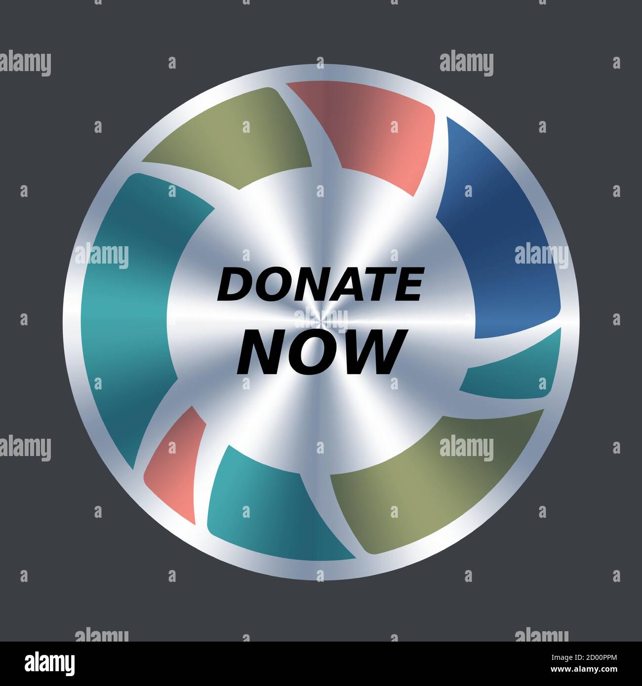 Donate now web button. Vector round metallic and color icon. Button add to cart Stock Vector