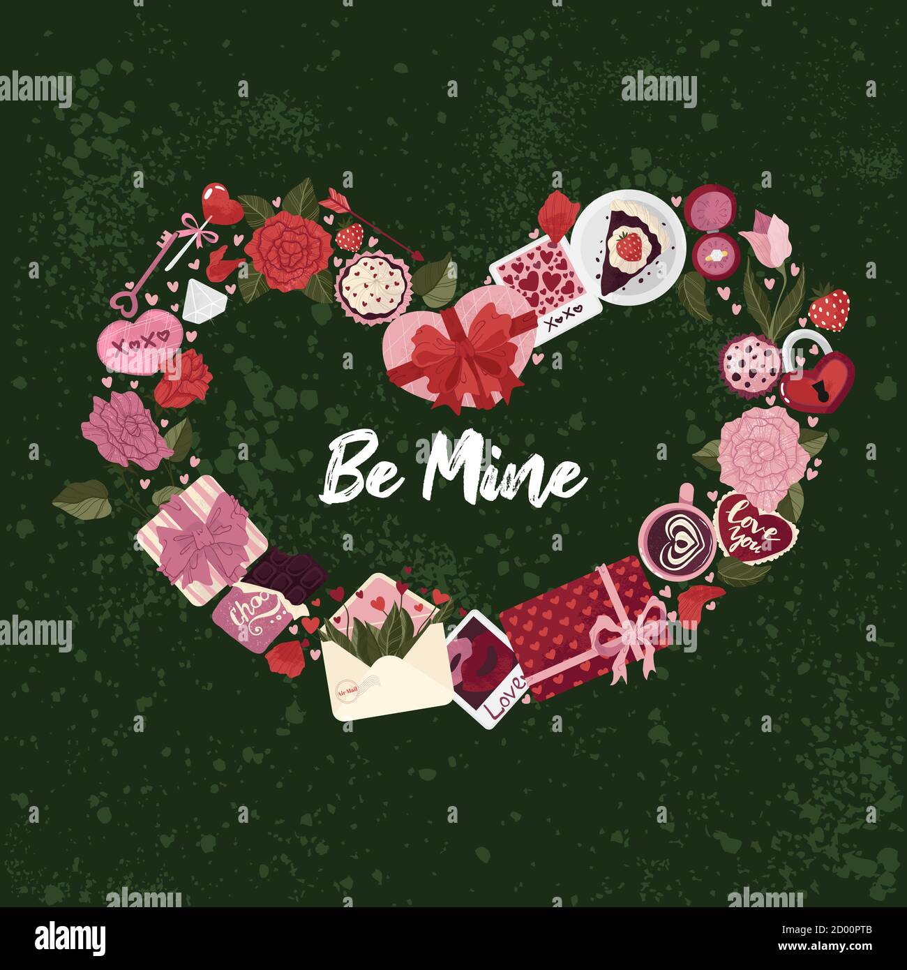 Cute posters with valentines day elements greetings, heart shape frame, vector illustration in flat cartoon style. Flyers, invitation, poster, brochur Stock Vector