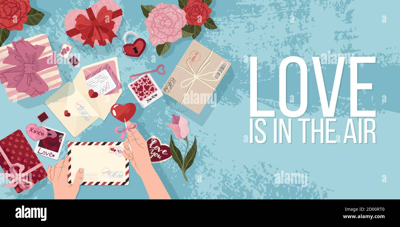 Cute horizontal posters with valentines day elements greetings, vector illustration in flat cartoon style. Place for text. Flyers, invitation, poster, Stock Vector