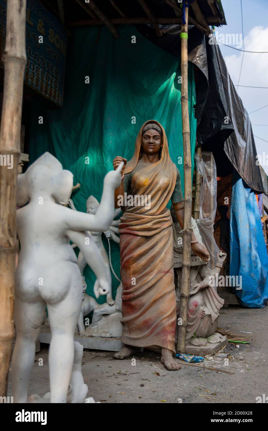 Statues of being stood out of the artists studio in Kumartuli due to space problems Stock Photo