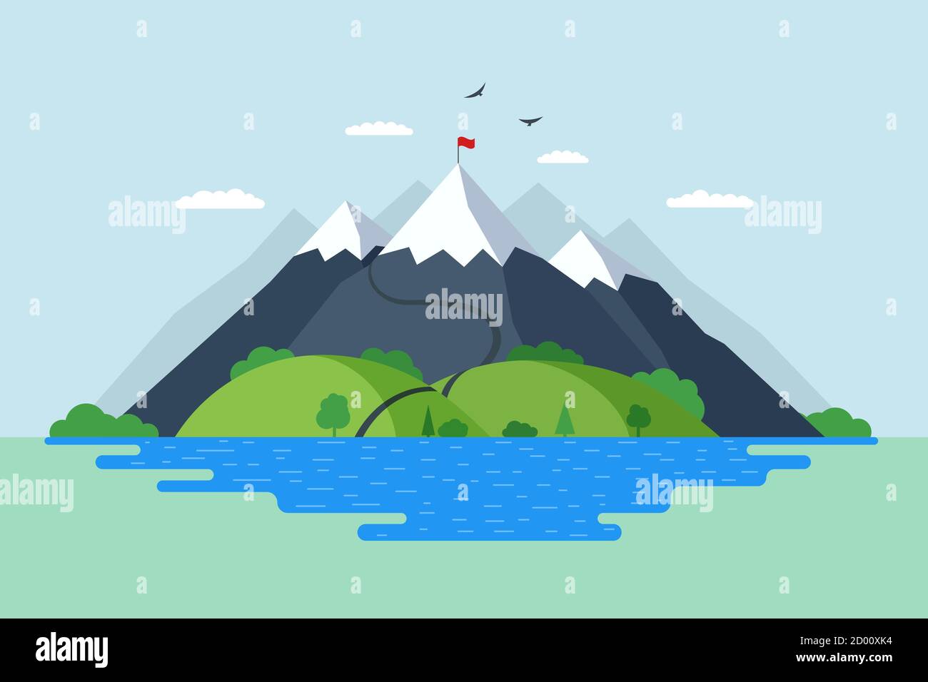 High mountain with green hills forest and blue lake nature landscape. Climbers route trail to rock top and red flag on peak. Victory achievement and overcoming difficulties symbol vector illustration Stock Vector