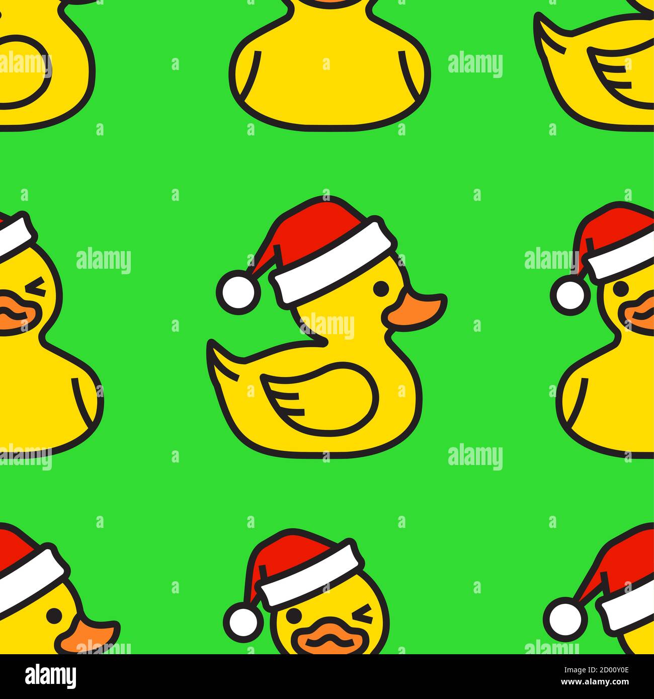 Seamless Pattern Yellow rubber duck in santa hat. Stock Vector