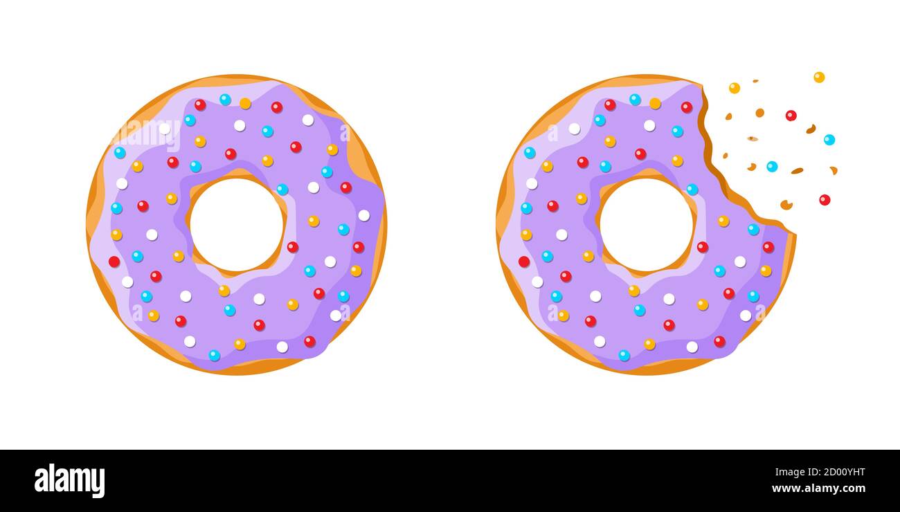 Cartoon colorful tasty donut whole and bitten set isolated on white background. Purple glazed doughnut top view for cake cafe decoration or bakery menu design. Vector flat eps illustration Stock Vector