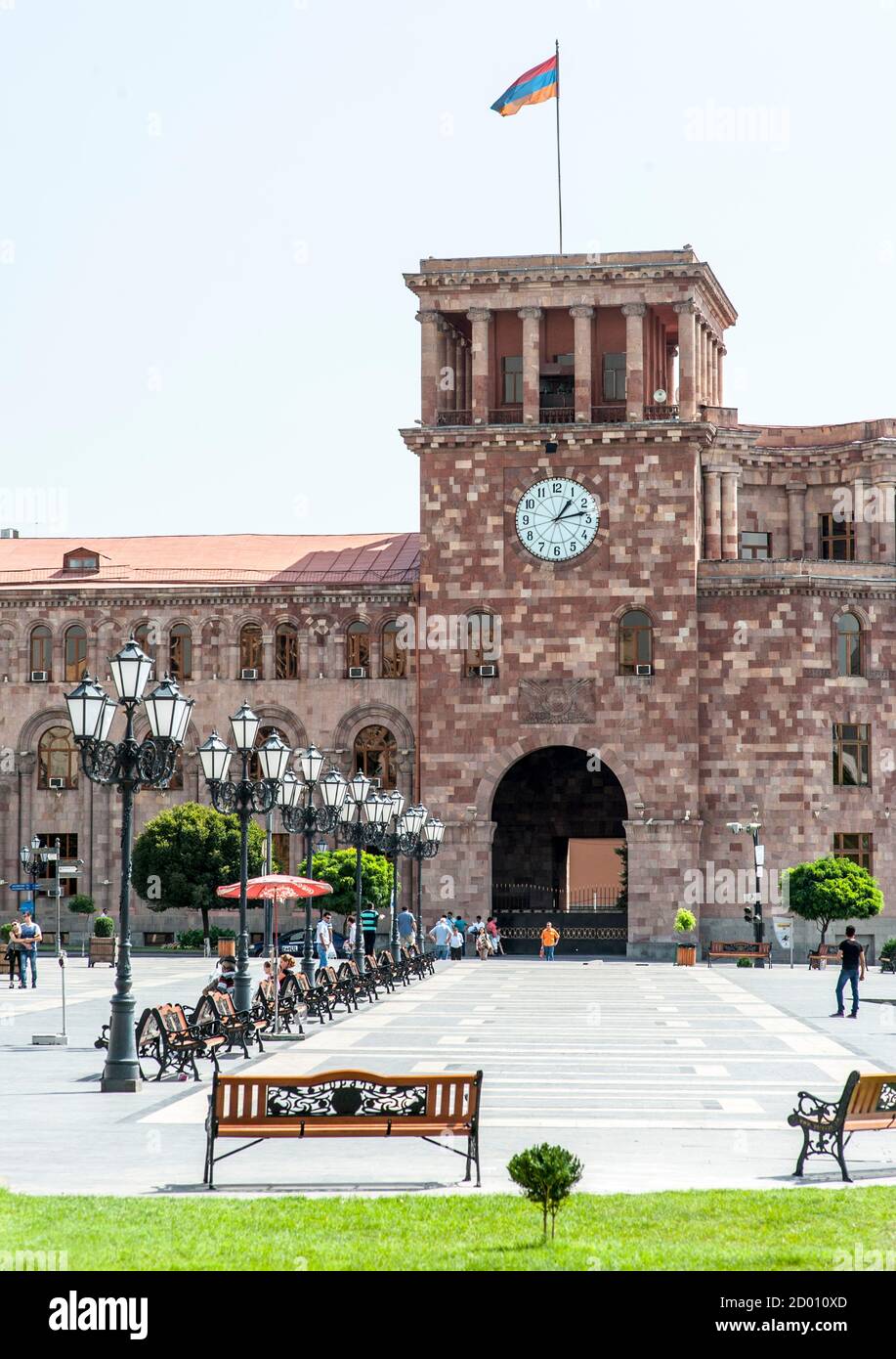 Buildings and clock tower of Republic Square (formerly Lenin Square) in Yerevan, the capital of Armenia. Stock Photo