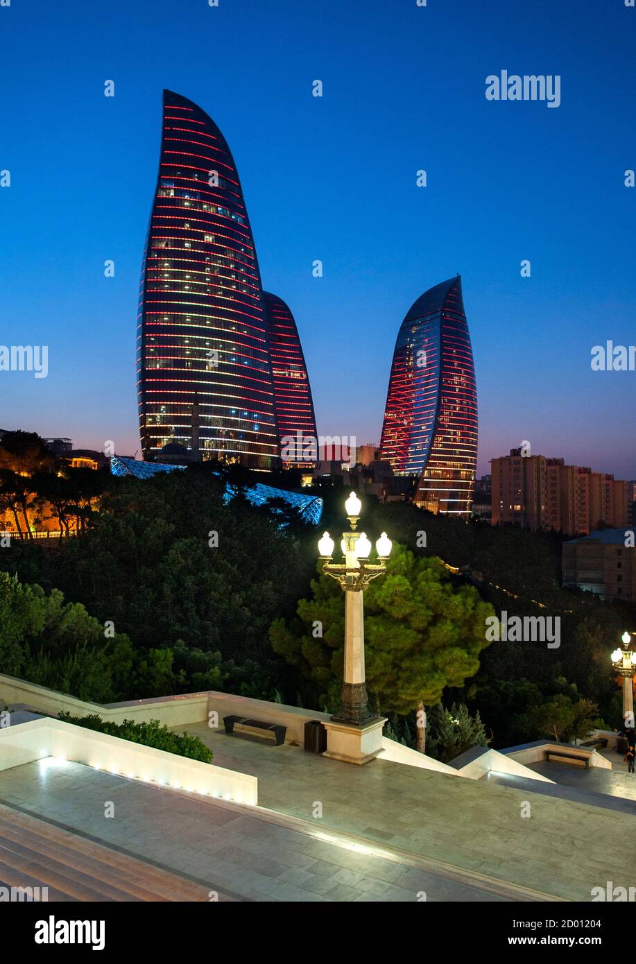 Baku's Flame Towers viewed from Dağüstü park at dusk. Stock Photo