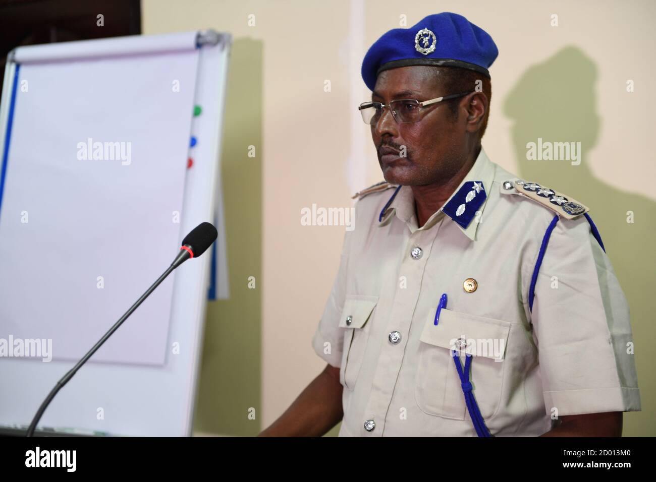 Gen. Hassan Alasow Mohamed, Director of Training and Planning for the Somali Police Force (SPF) addresses participants during a training workshop on Media and Public Relations for Somali police officers in Mogadishu, Somalia on May 07, 2018. Stock Photo