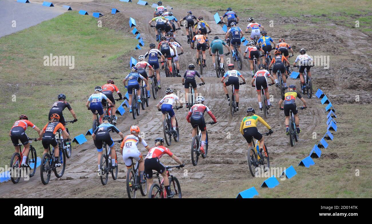 Cyclists compete in women's shorttrack during Mountain Bike World Cup cross-country event in Nove Mesto na Morave, Czech Republic, on October 2, 2020. (CTK Photo/Libor Plihal) Stock Photo
