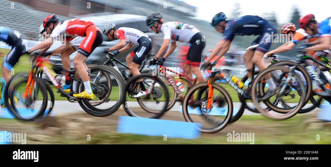 Cyclists compete in men's shorttrack during Mountain Bike World Cup cross-country event in Nove Mesto na Morave, Czech Republic, on October 2, 2020. (CTK Photo/Lubos Pavlicek) Stock Photo