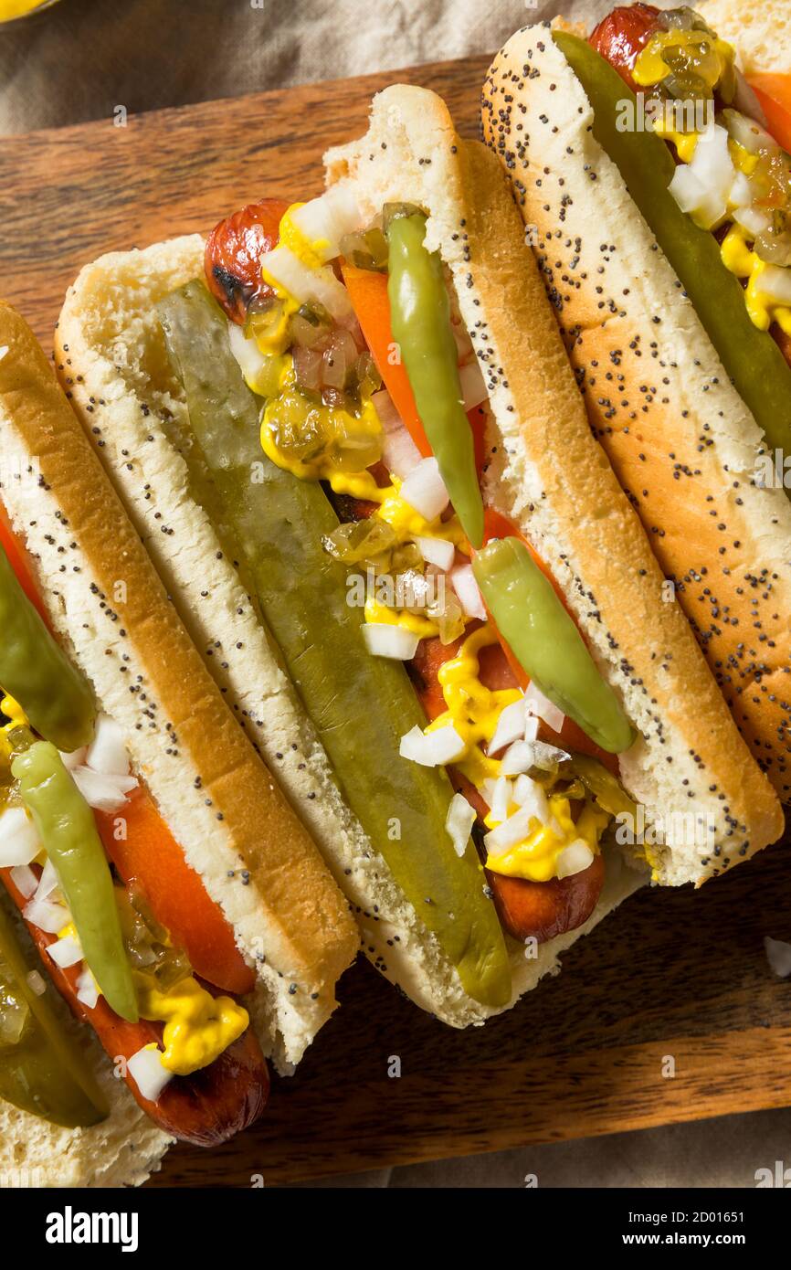 Homemade Chicago Style Hot Dogs with Mustard Relish Onion and PIckle