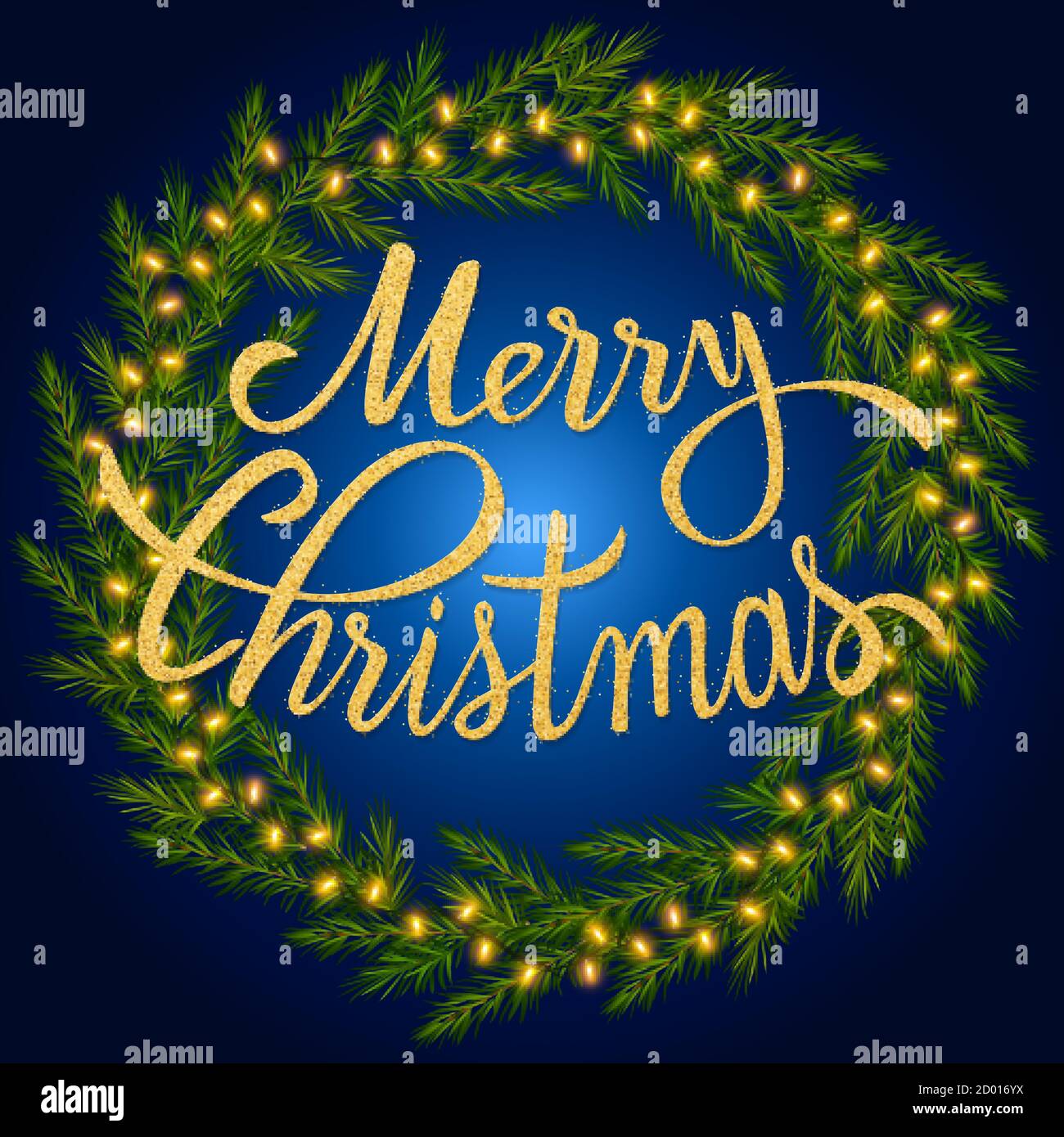 Merry Christmas glitter lettering in fir branches wreath with luminous ...