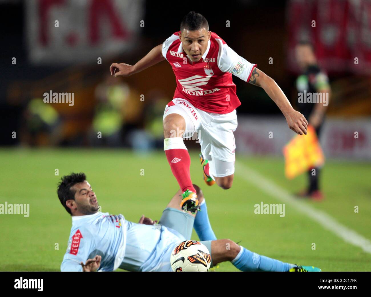 Luis Arias Top Of Colombia S Santa Fe Jumps Over Fabio Ramos Of Peru S Real Garcilaso During Luis Arias Top Of Colombia S Santa Fe Jumps Over Fabio Ramos Of Peru S Real Garcilaso During