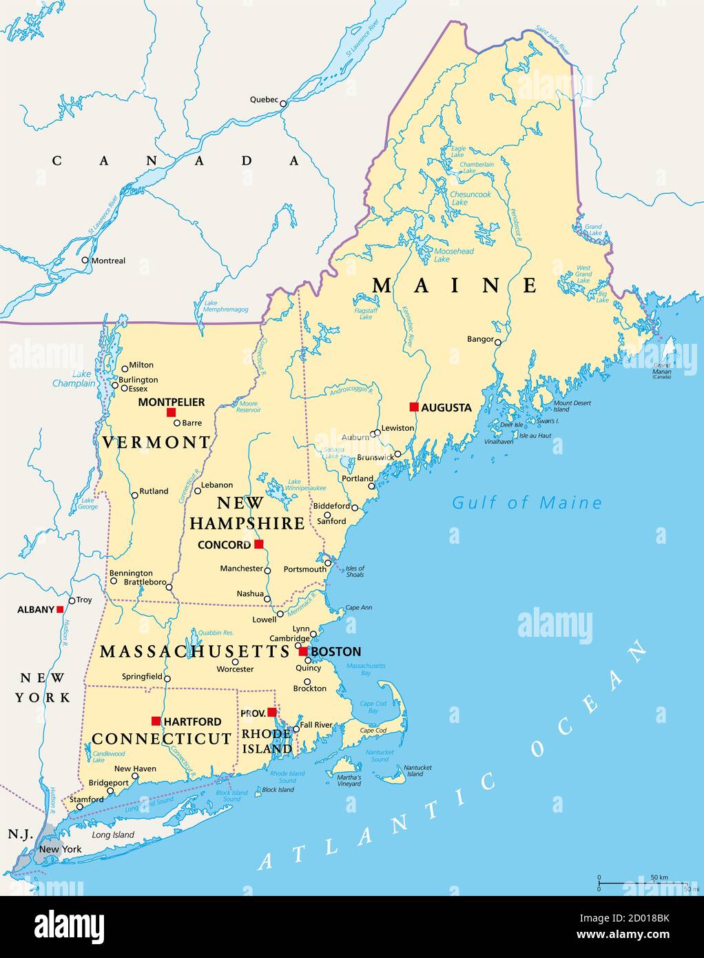 New England region of the United States of America, political map. Maine, Vermont, New Hampshire, Massachusetts, Rhode Island and Connecticut. Stock Photo