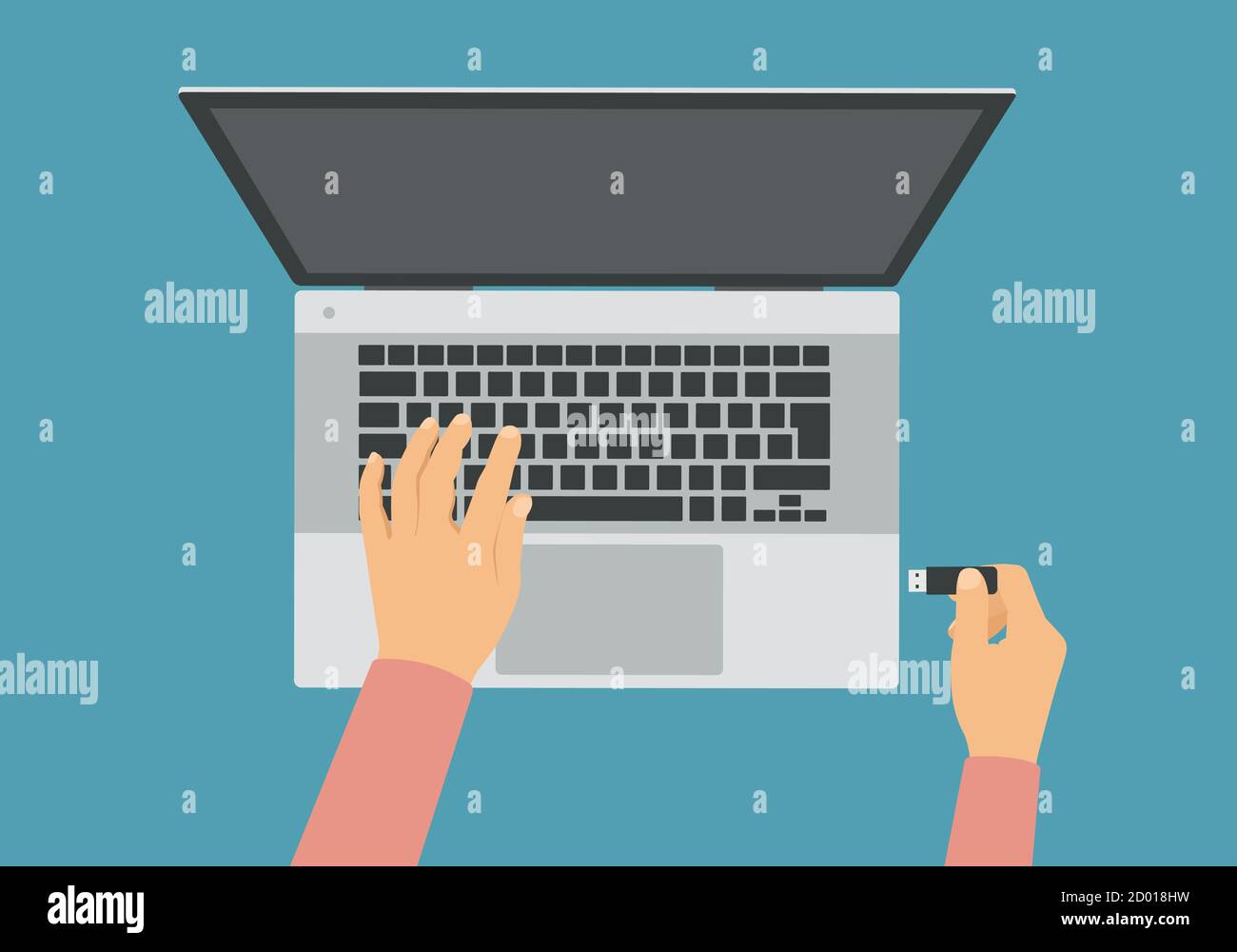 Illustration of a laptop and the hands of a man or woman. Holds the USB flash drive and plugs into a computer - vector Stock Vector