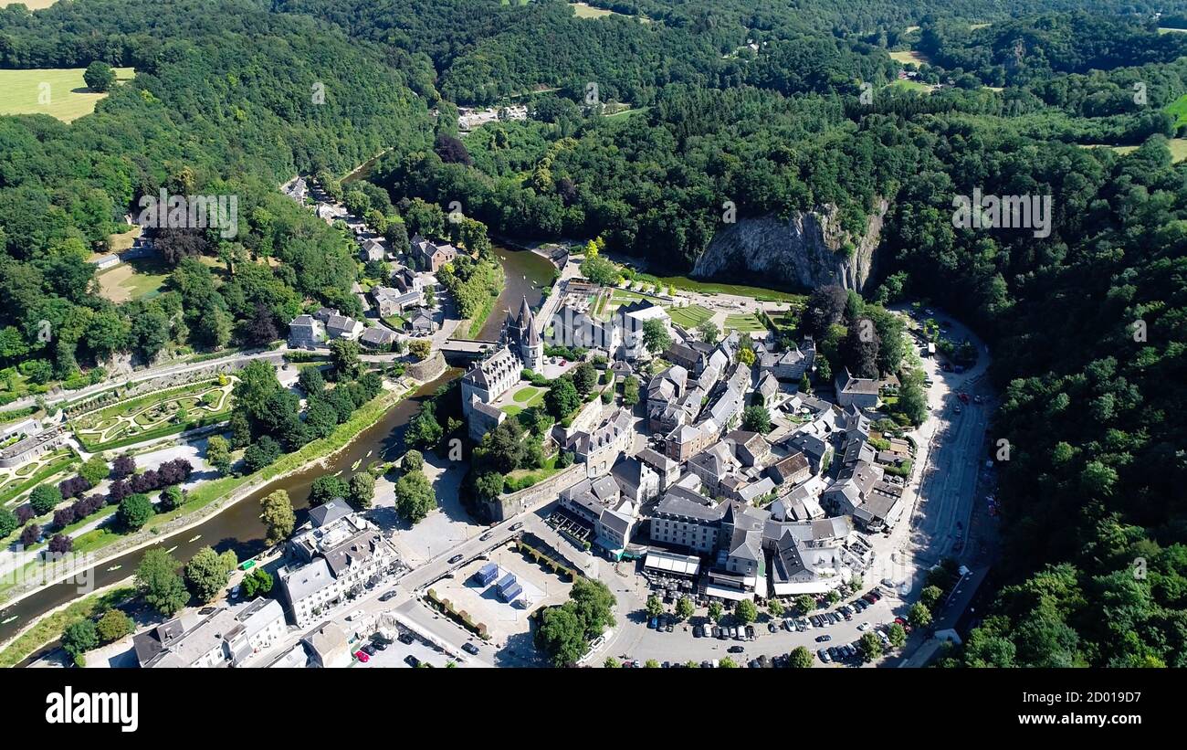 Durbuy, Belgium in 4K. Aerial view of old town and Castle in Durbuy, Belgium, Europe. Panorama of city, UNESCO world heritage. Famous places in Belgiu Stock Photo