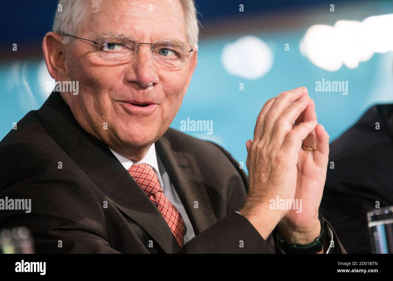 Germany's Minister of Finance Wolfgang Schauble speaks during a discussion on 'A Reform Agenda for Europe's Leaders' during the World Bank/IMF annual meetings in Washington October 9, 2014. Schaeuble said on Thursday more government spending was a wrong cure for the euro zone's weak growth and dismissed the prospect of recession for Europe's biggest economy.     REUTERS/Joshua Roberts    (UNITED STATES - Tags: POLITICS BUSINESS) Stock Photo