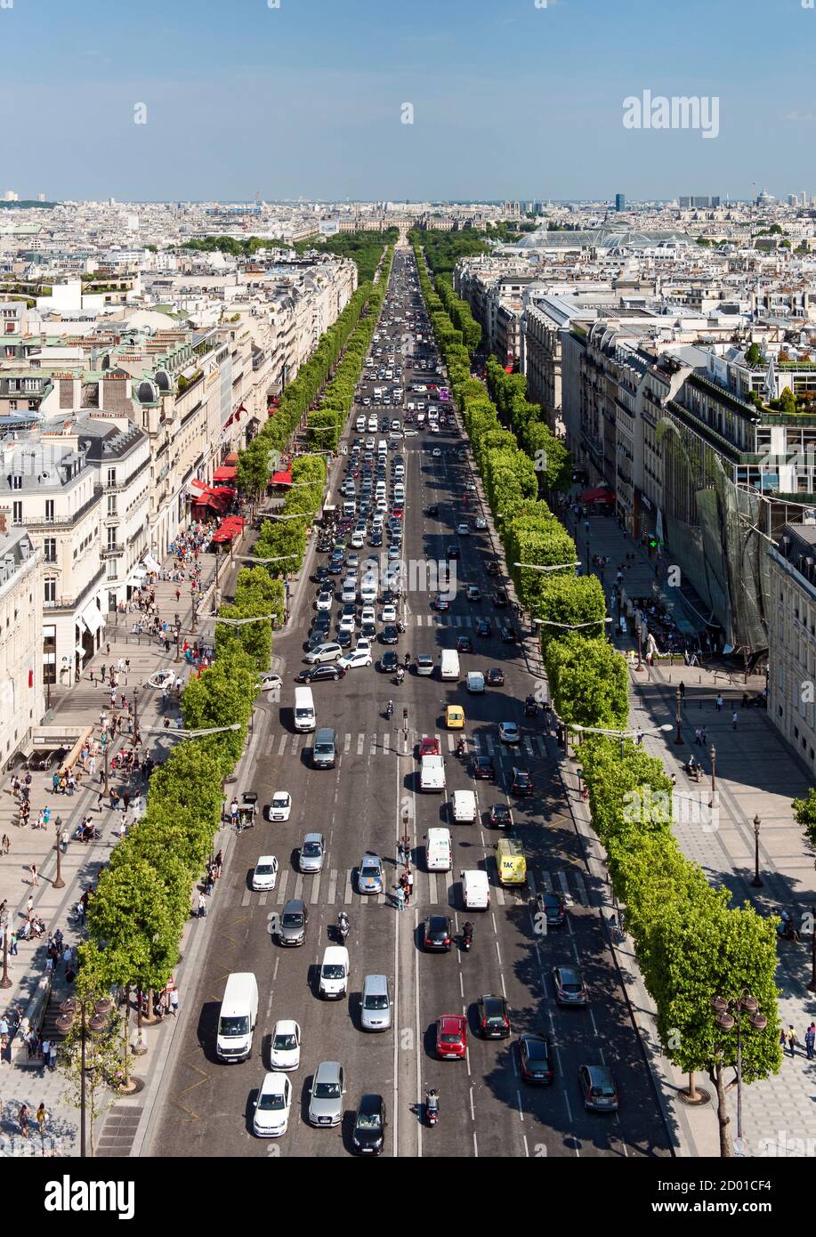 View down the Avenue des Champs Élysées from the top of the Arc De Triomphe in Paris. Stock Photo