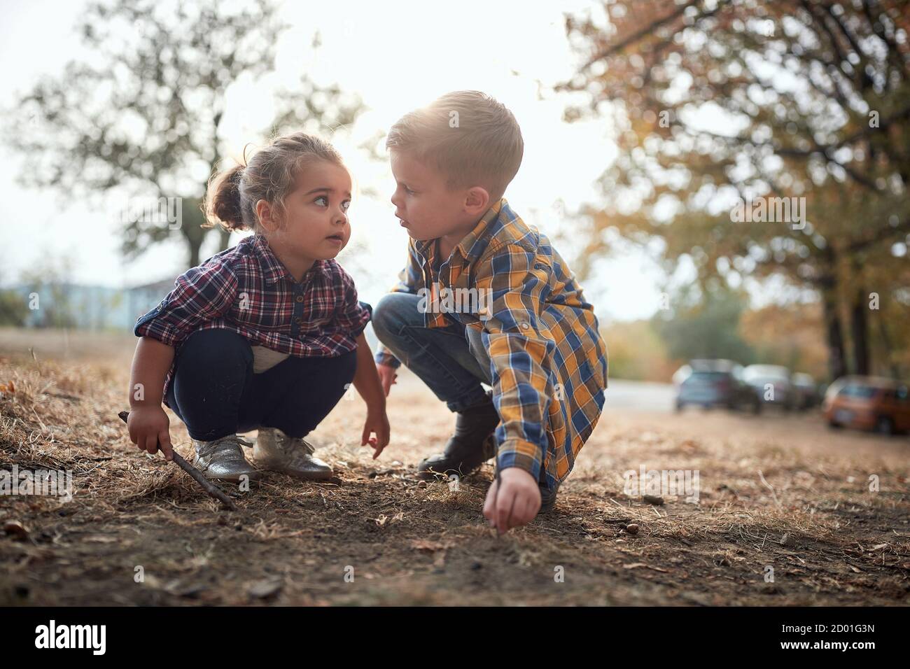 Preschool brother and sister playing in the woods together Stock Photo ...