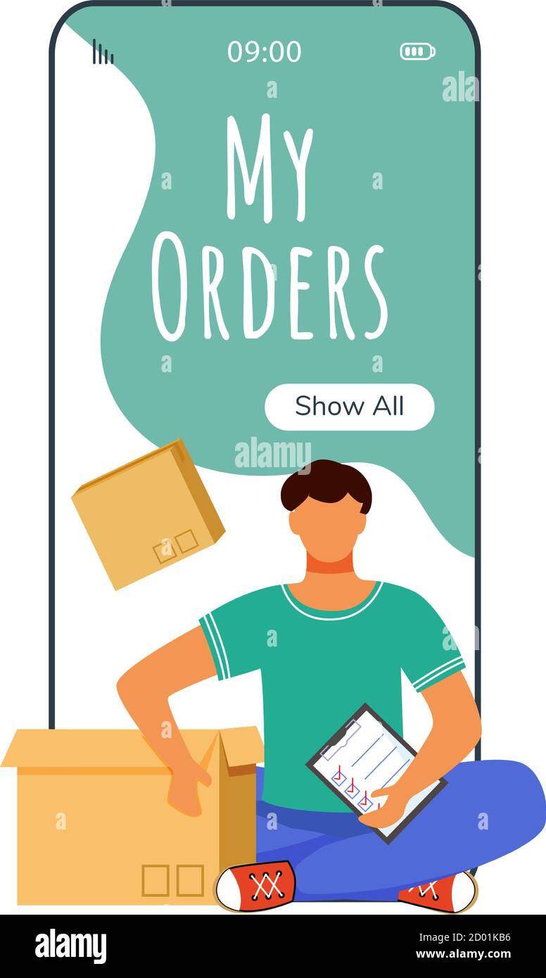 My orders cartoon smartphone vector app screen. Delivery service online.  Man sitting with package. Mobile phone displays with flat character design  Stock Vector Image & Art - Alamy