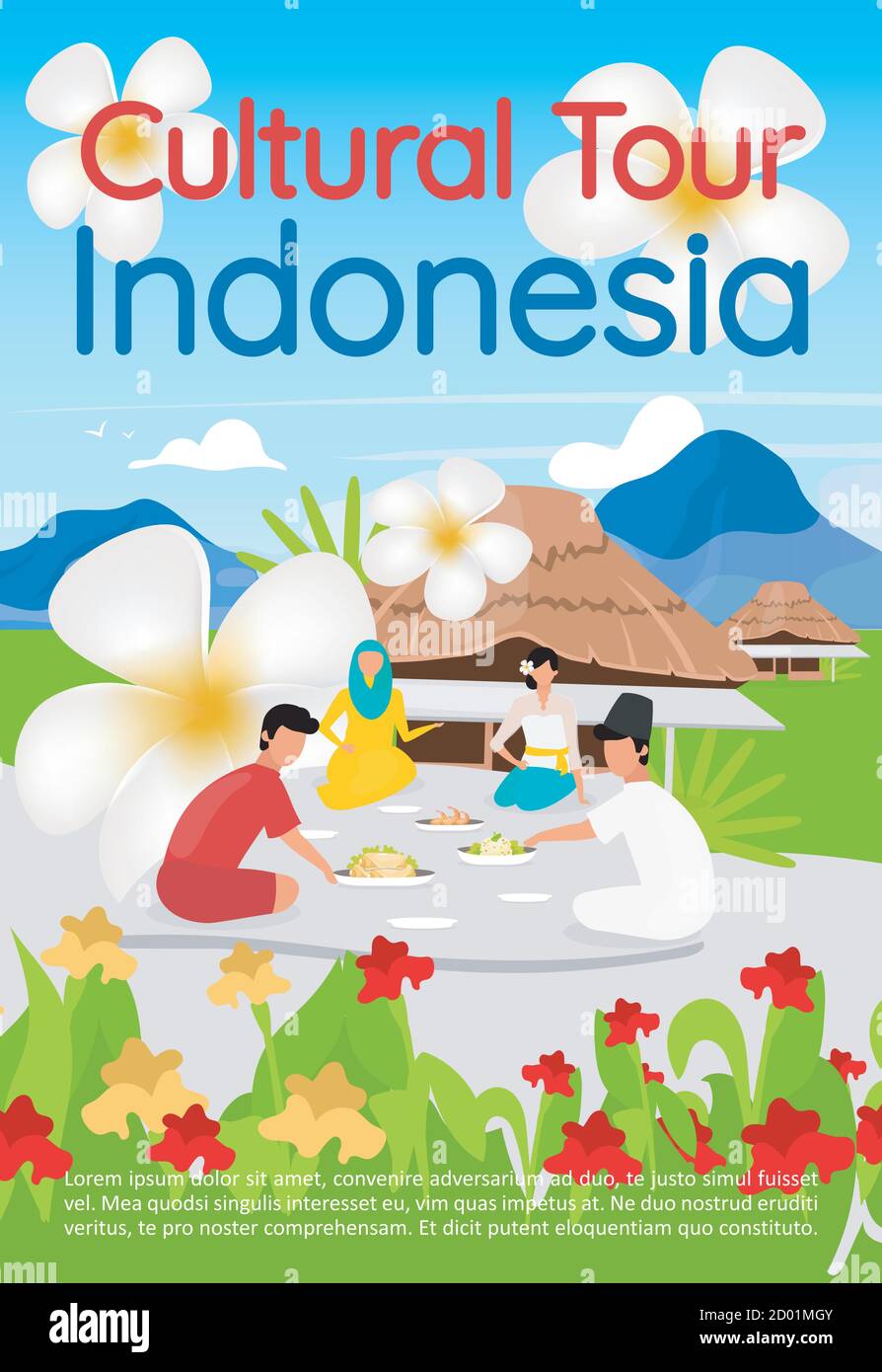 Cultural tour Indonesia brochure template. Asian food tourism. Flyer, booklet, leaflet concept with flat illustrations. Vector page cartoon layout for Stock Vector