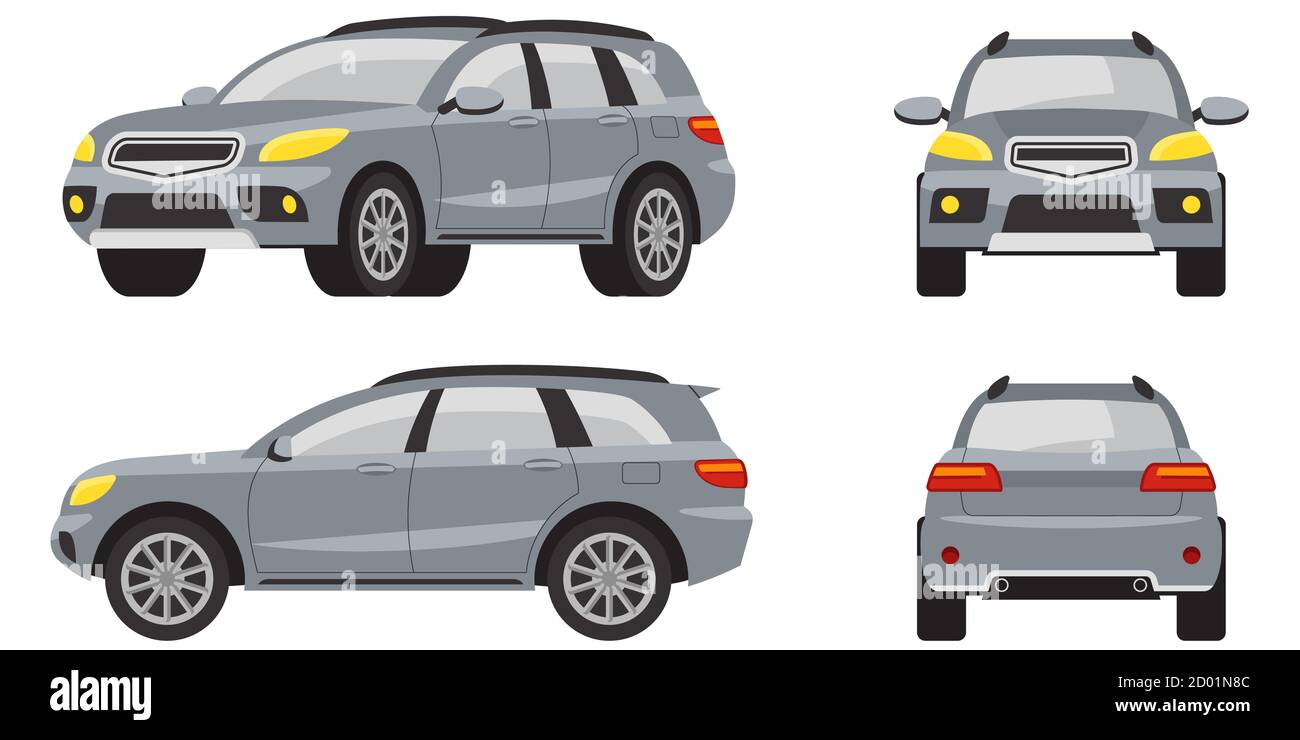 SUV in different views. Grey automobile in cartoon style. Stock Vector