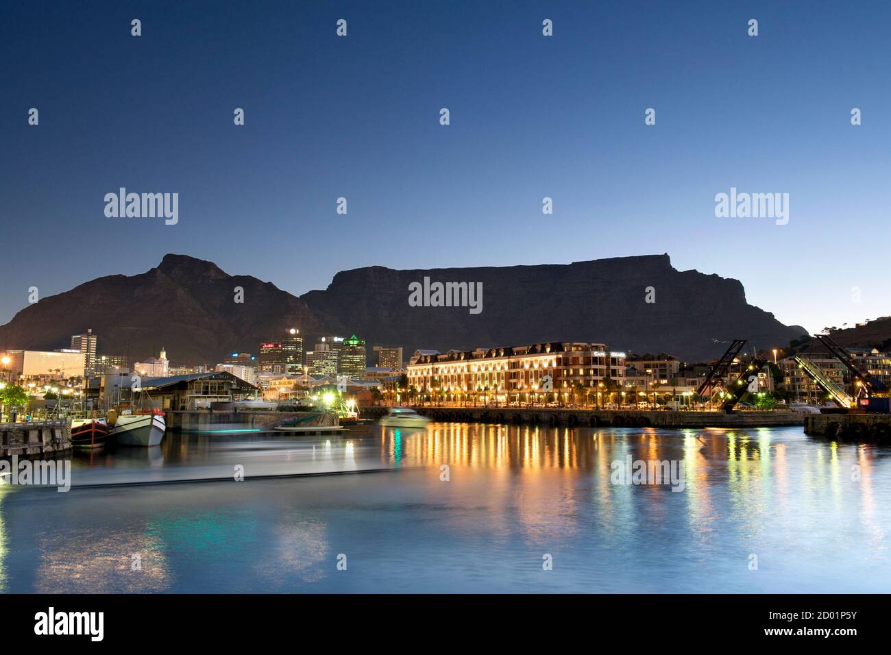 View of the V&A waterfront marina and Table Mountain in Cape Town, South Africa. Stock Photo