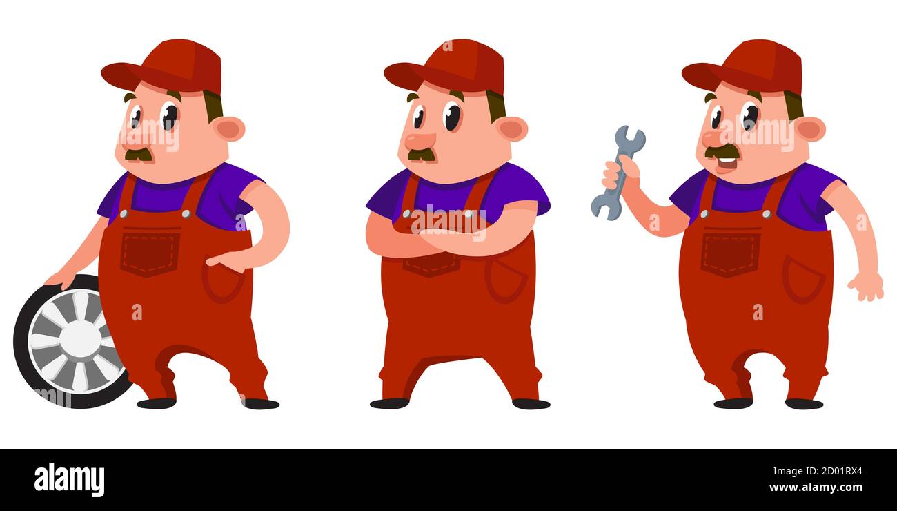 Auto mechanic in different poses. Male character in cartoon style. Stock Vector