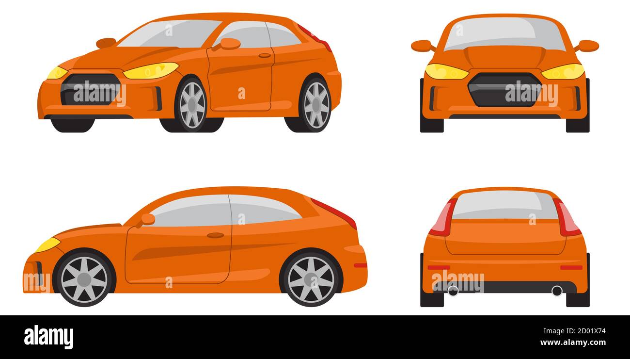Hatchback car in different views. Orange automobile in cartoon style. Stock Vector