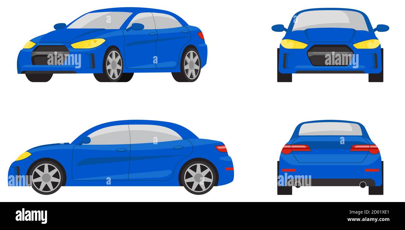 Sedan car in different views. Blue automobile in cartoon style. Stock Vector
