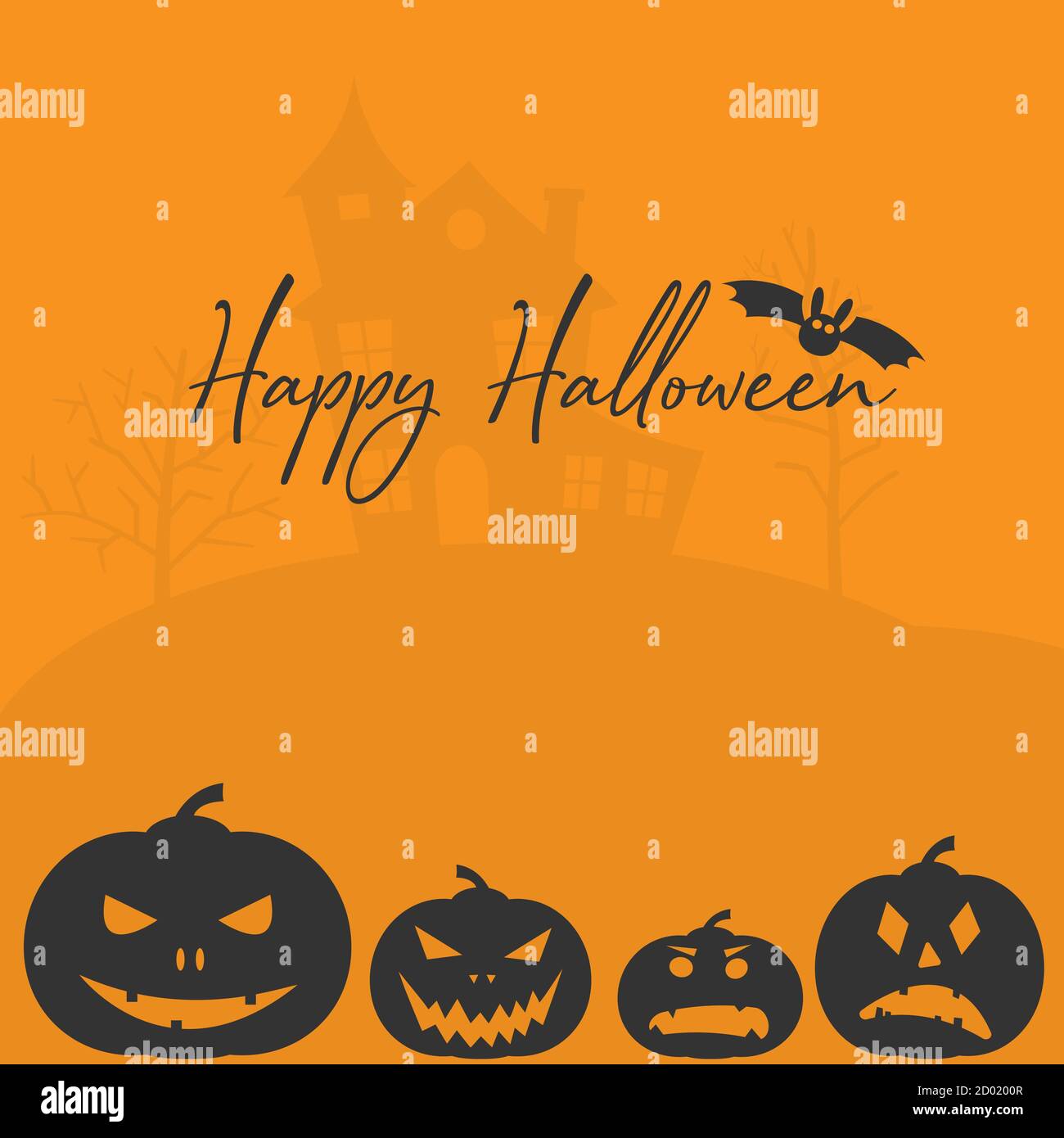 Happy Halloween greeting card or social media template with jack-o-lantern and bat vector illustration Stock Vector