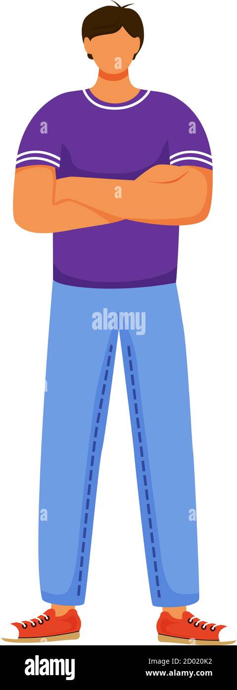 Man standing flat color vector illustration. Boy wearing jeans, violet tshirt and red trainers. Male figure standing with arms crossed isolated Stock Vector