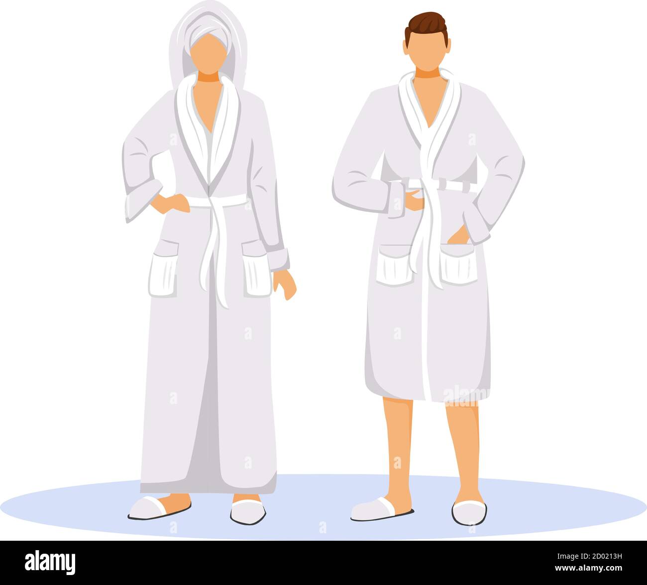 Hotel guests wearing bathrobes flat color vector illustration. Woman with  towel on head and man. Couple in robes. People after shower isolated  cartoon Stock Vector Image & Art - Alamy