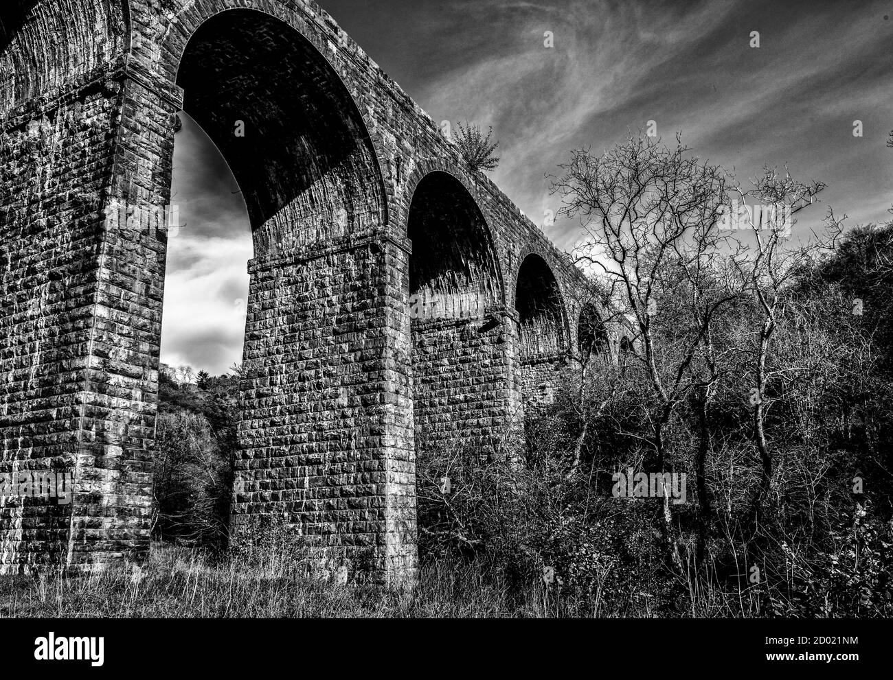 Pontsarn Viaduct, now disused, but previously was the railwat bridge that carried the trains over to and beyond Merthyr Tydfil from Brecon and beyond,. Stock Photo