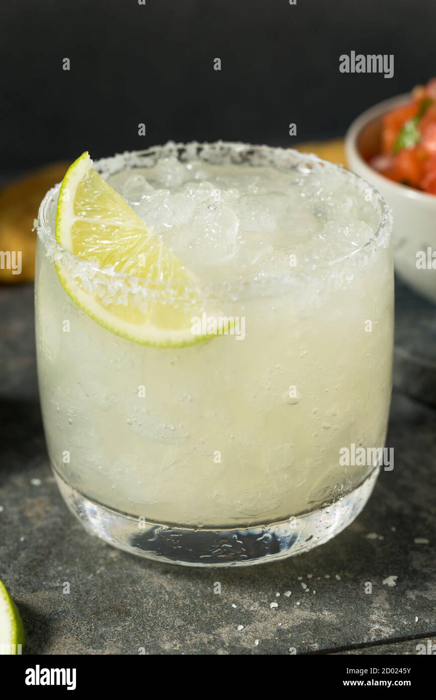 Homemade Tequila Lime Margarita with Chips and Salsa Stock Photo