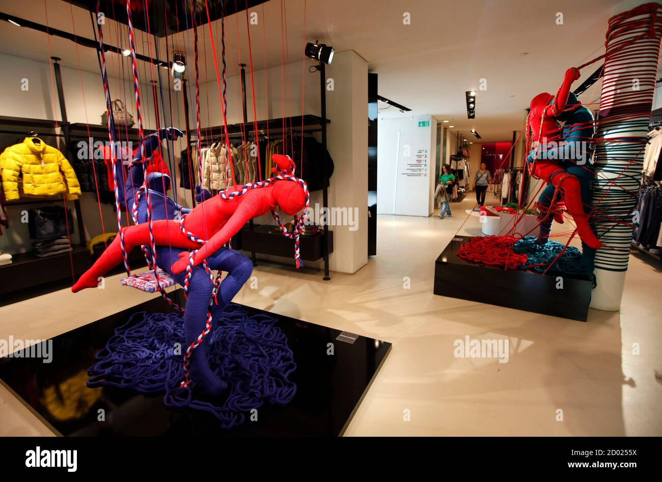 Lana Sutra wool art installations are displayed at a Benetton store in  Istanbul September 13, 2011. Lana Sutra, a project by Cuban artist Erik  Ravelo for Benetton's communication research centre Fabrica, is