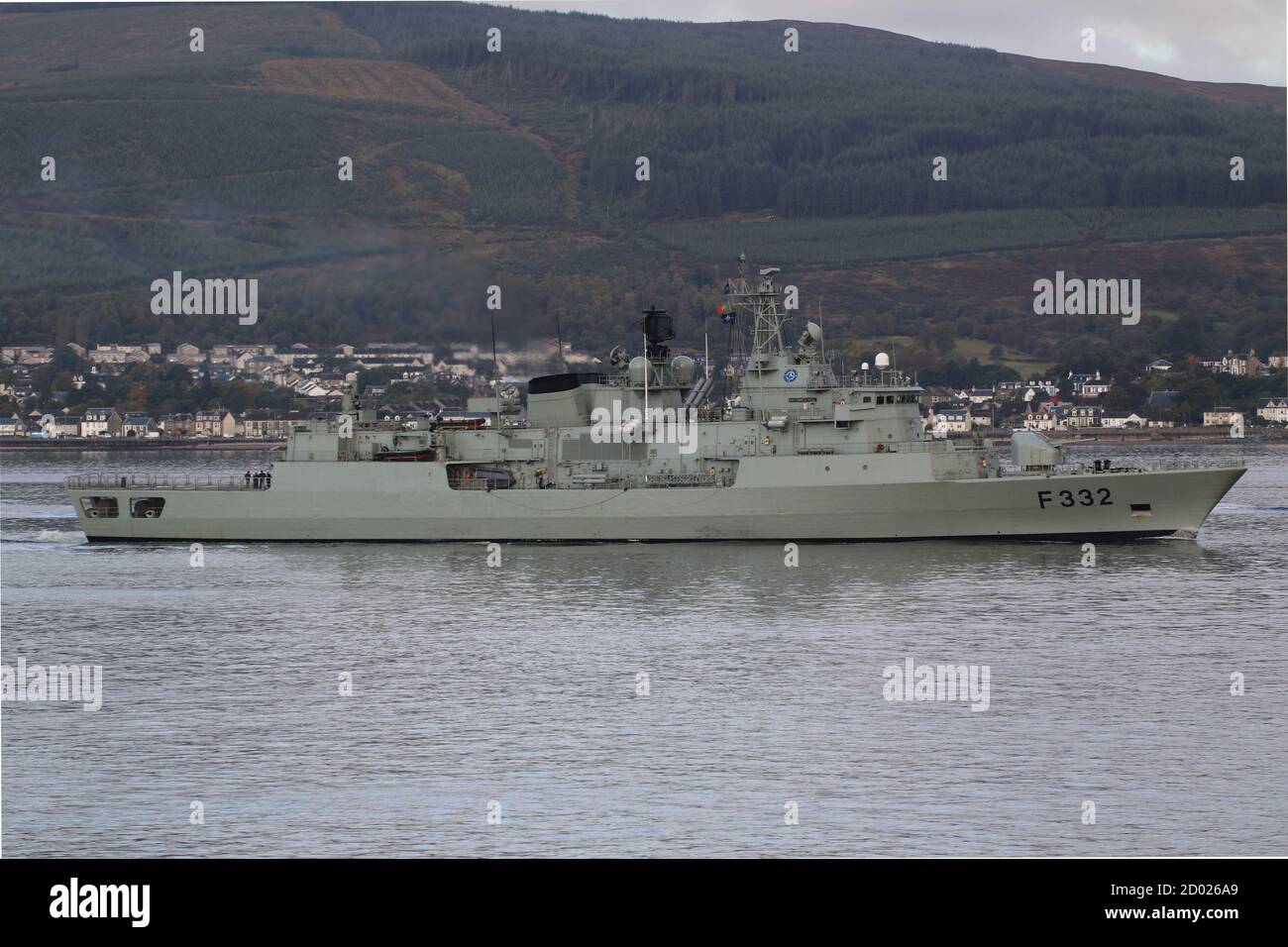 NRP Corte-Real (F332), a Vasco da Gama-class frigate operated by the Portuguese Navy, passing Gourock on her arrival for Exercise Joint Warrior 20-2. Stock Photo