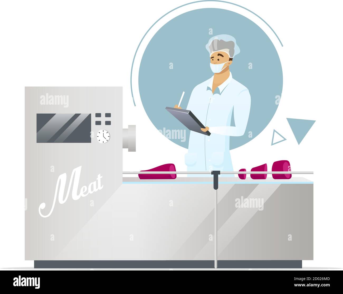 Meat factory flat color vector illustration. Production line supervisor