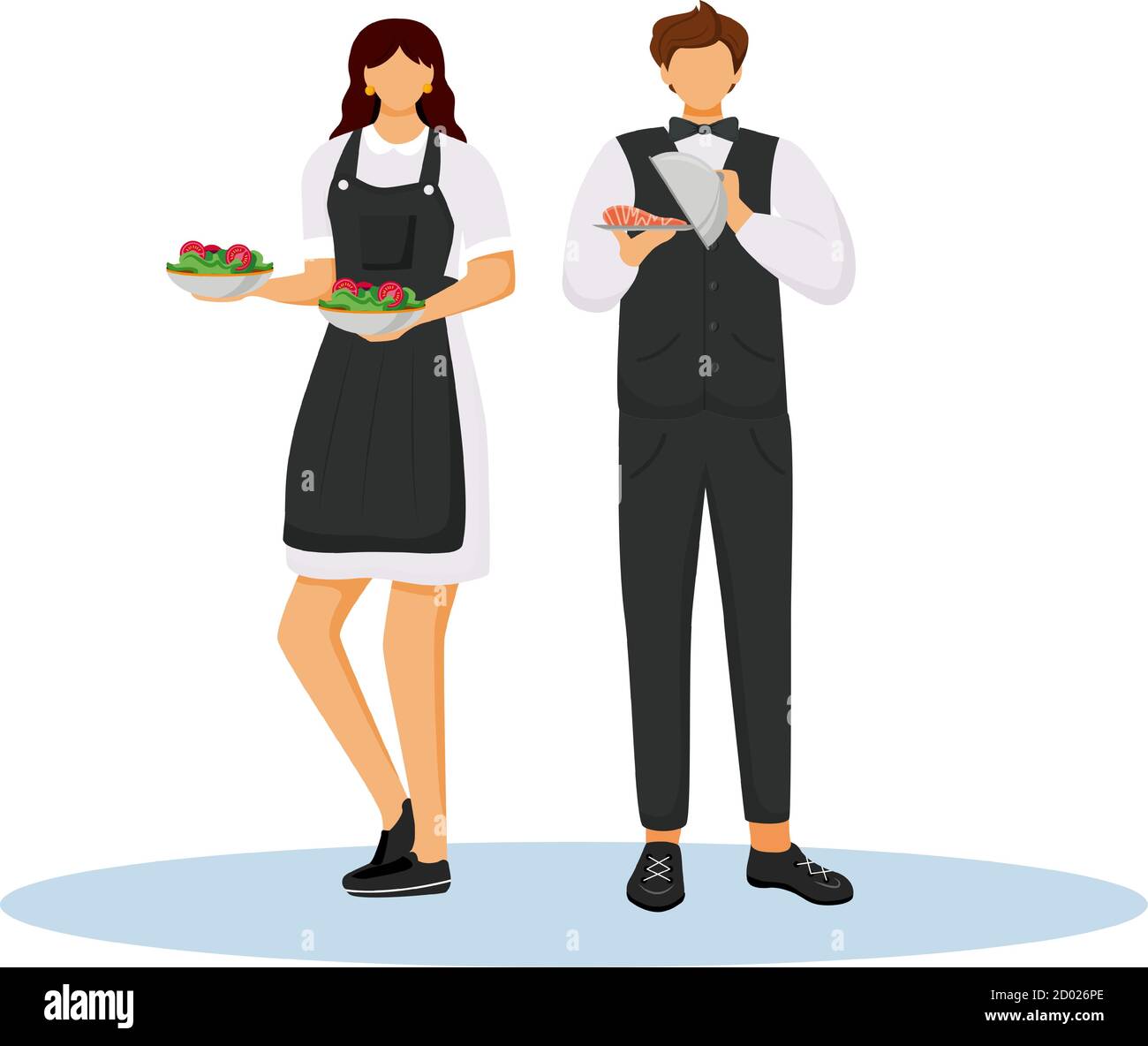 Hotel waiters in uniform flat color vector illustration. Food catering service. Waitress holding vegetable salads. Restaurant workers with dishes Stock Vector