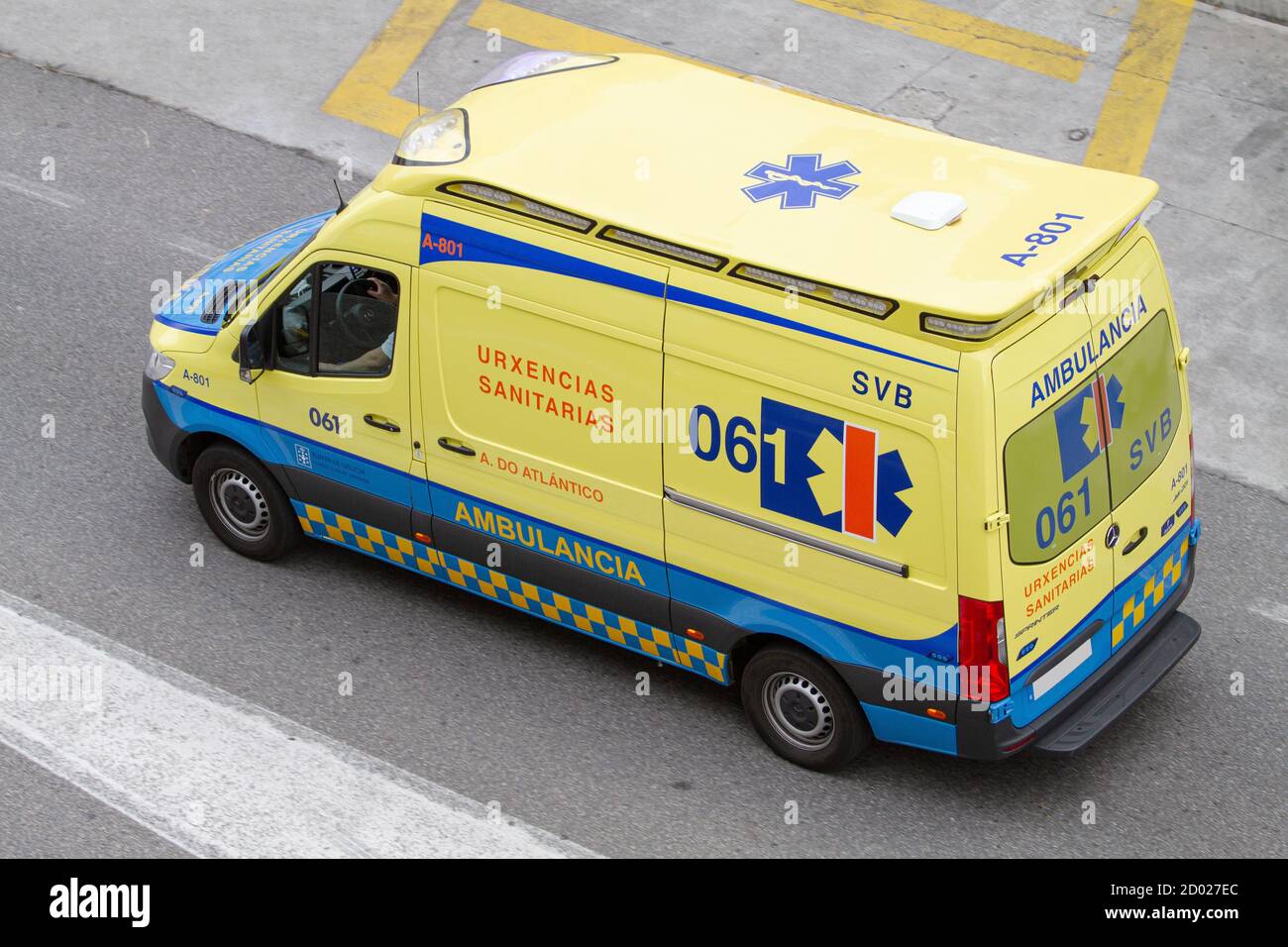 Santiago de Compostela, Spain; July 31, 2020: Ambulance of Galicia health care on the road. 061 Emergency Stock Photo