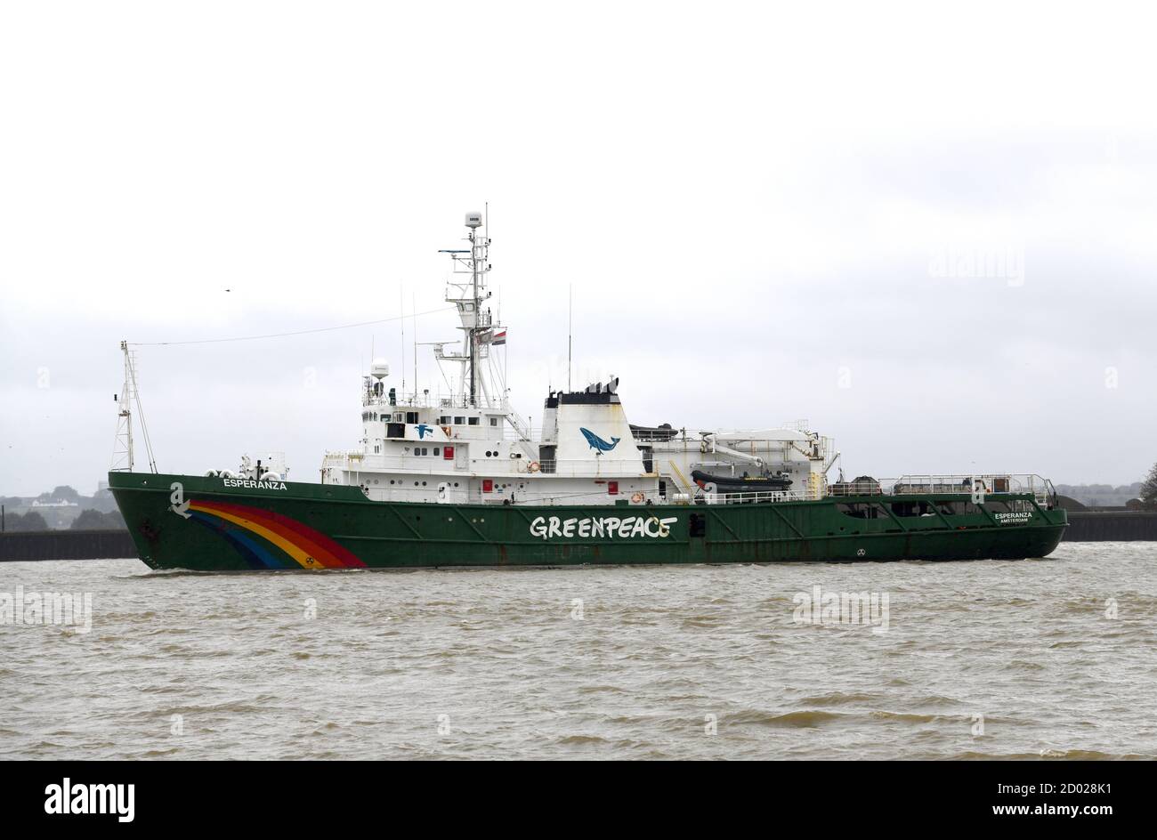 02/10/2020. The River Thames UK  After battling storms in the English Channel, Greenpeace’s ship MV Esperanza is pictured sailing the Thames on her wa Stock Photo