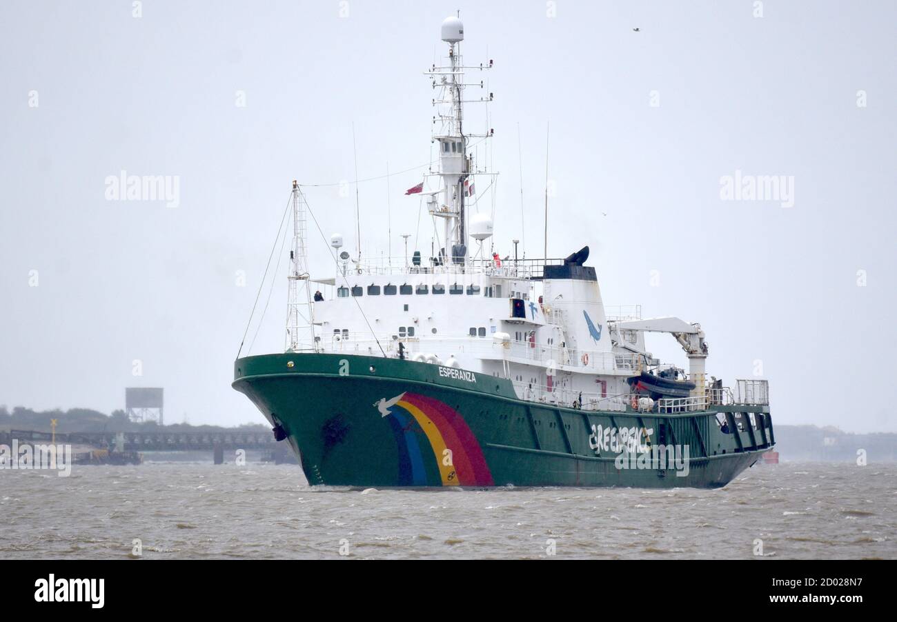 02/10/2020. The River Thames UK  After battling storms in the English Channel, Greenpeace’s ship MV Esperanza is pictured sailing the Thames on her wa Stock Photo