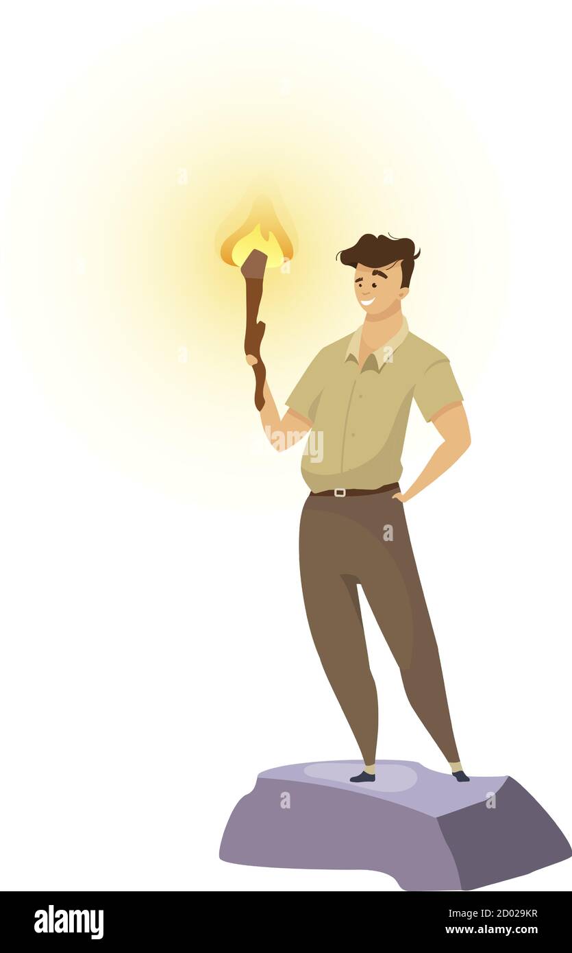 Explorer flat color vector illustration. Male adventurer with torch. Man standing with flambeau. Venturer smiling. Trailblazer in khaki uniform Stock Vector