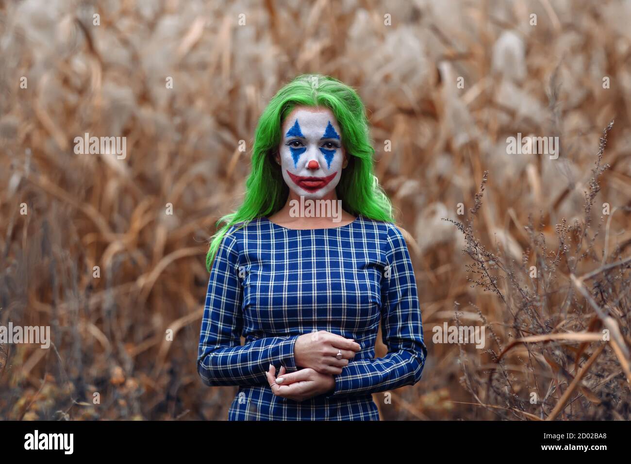 Portrait of a greenhaired girl with joker makeup on a orange ...