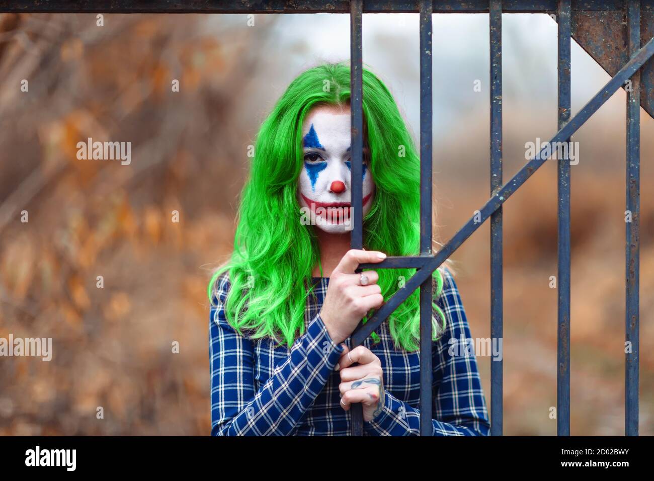 Close-up portrait of a greenhaired girl in chekered dress with joker makeup on a blurry brown background. Stock Photo