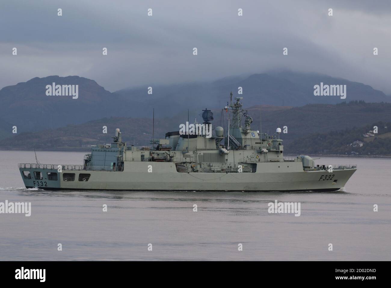 NRP Corte-Real (F332), a Vasco da Gama-class frigate operated by the Portuguese Navy, passing Gourock on her arrival for Exercise Joint Warrior 20-2. Stock Photo