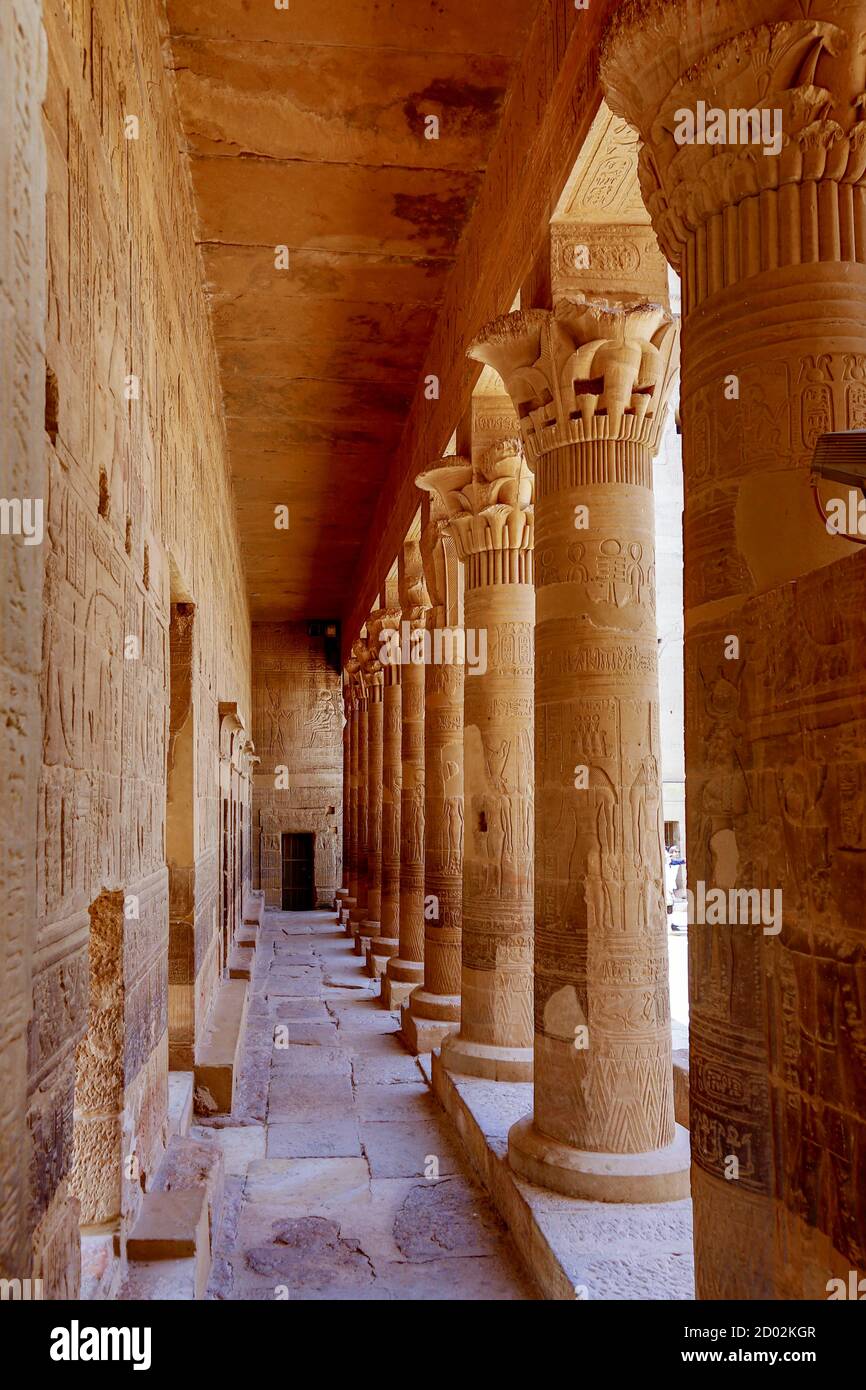 Stone Columns of Philae Temple with Hieroglyphs in Agilika Island, Egypt Stock Photo