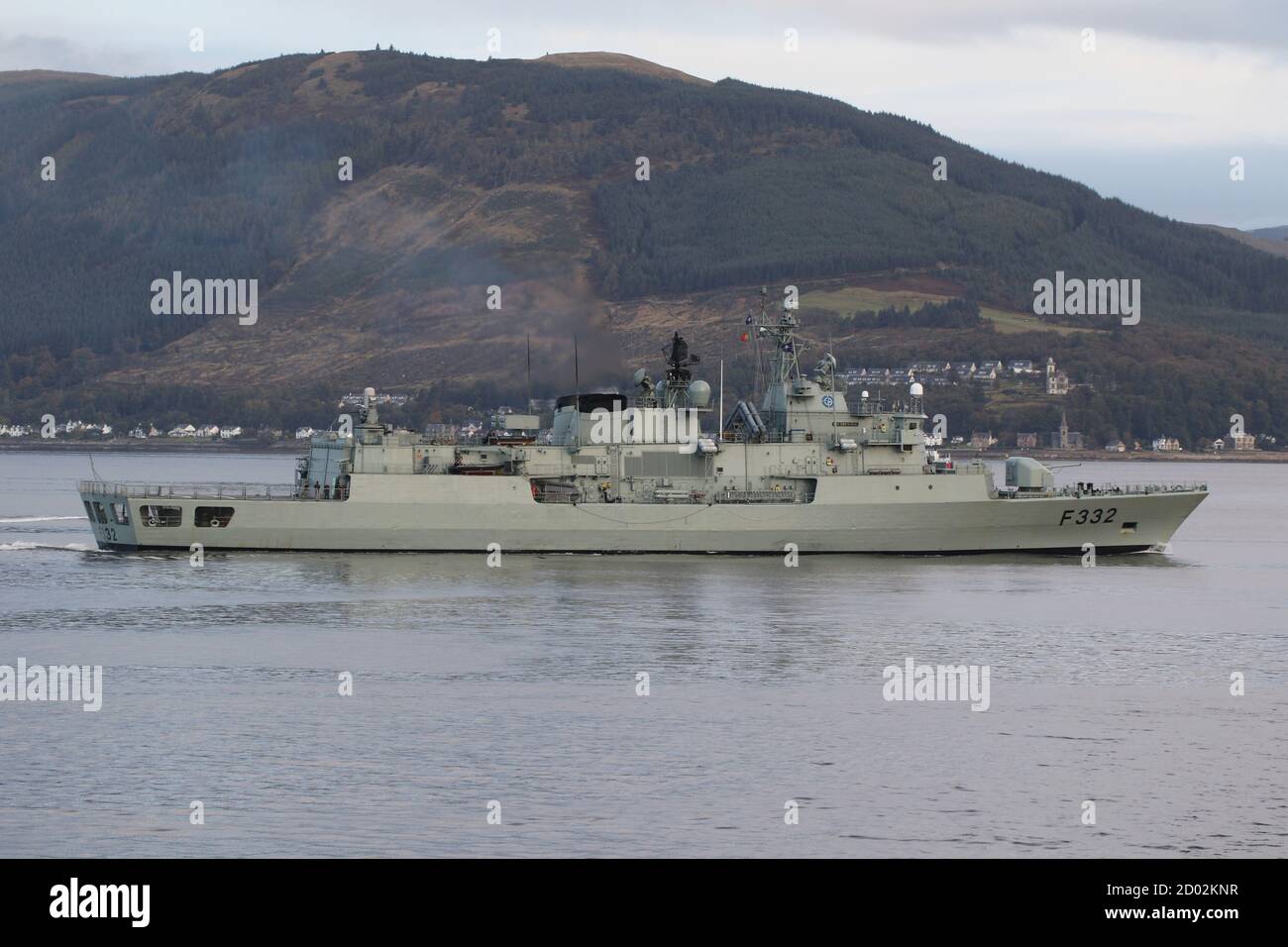 NRP Corte-Real (F332), a Vasco da Gama-class frigate operated by the Portuguese Navy, passing Gourock on her arrival for Exercise Joint Warrior 20-2. Stock Photo